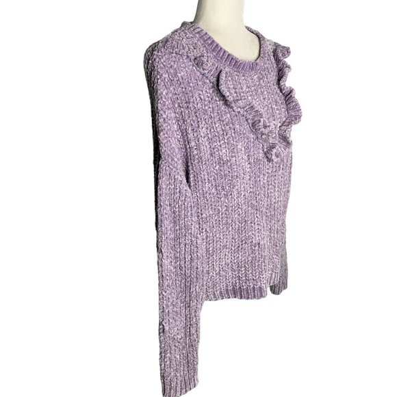 Love at First Sight Chenille Knit Sweater L Purple Dropped Shoulder Ruffle - Picture 5 of 6